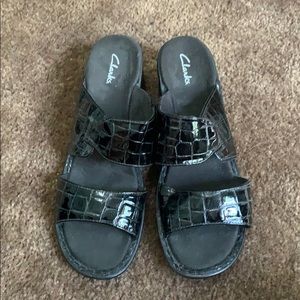 Clarks black crocodile sandals with heel